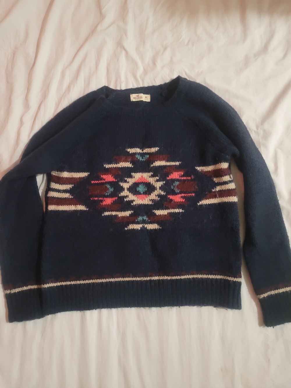 Hollister Navy Crewneck Sweater with Aztec Center Motif